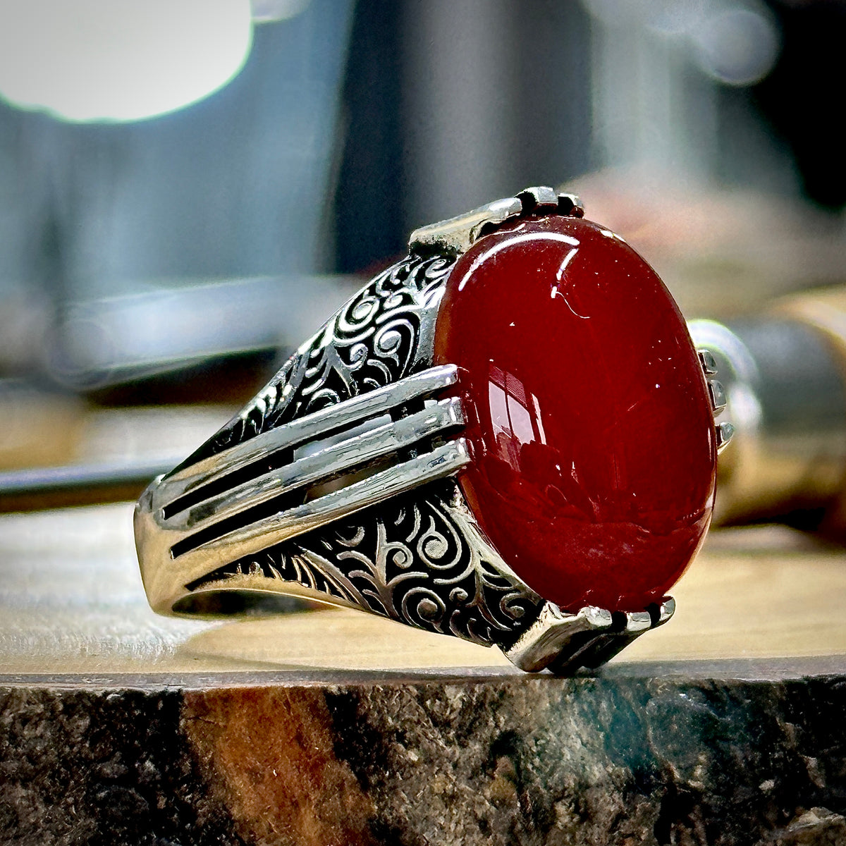 Men Silver Handmade Natural Red Agate Stone Men Ring
