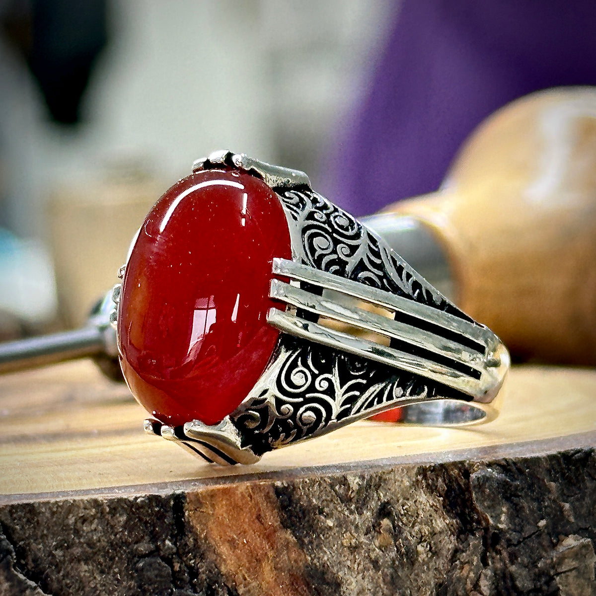 Men Silver Handmade Natural Red Agate Stone Men Ring