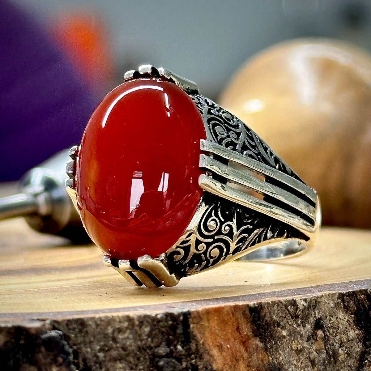Men Silver Handmade Natural Red Agate Stone Men Ring