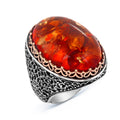 Silver Handmade Large Amber Stone Ring