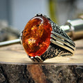 Anillo de piedra preciosa de ámbar natural estilo otomano hecho a mano para hombre