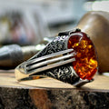 Anillo de piedra preciosa de ámbar natural estilo otomano hecho a mano para hombre