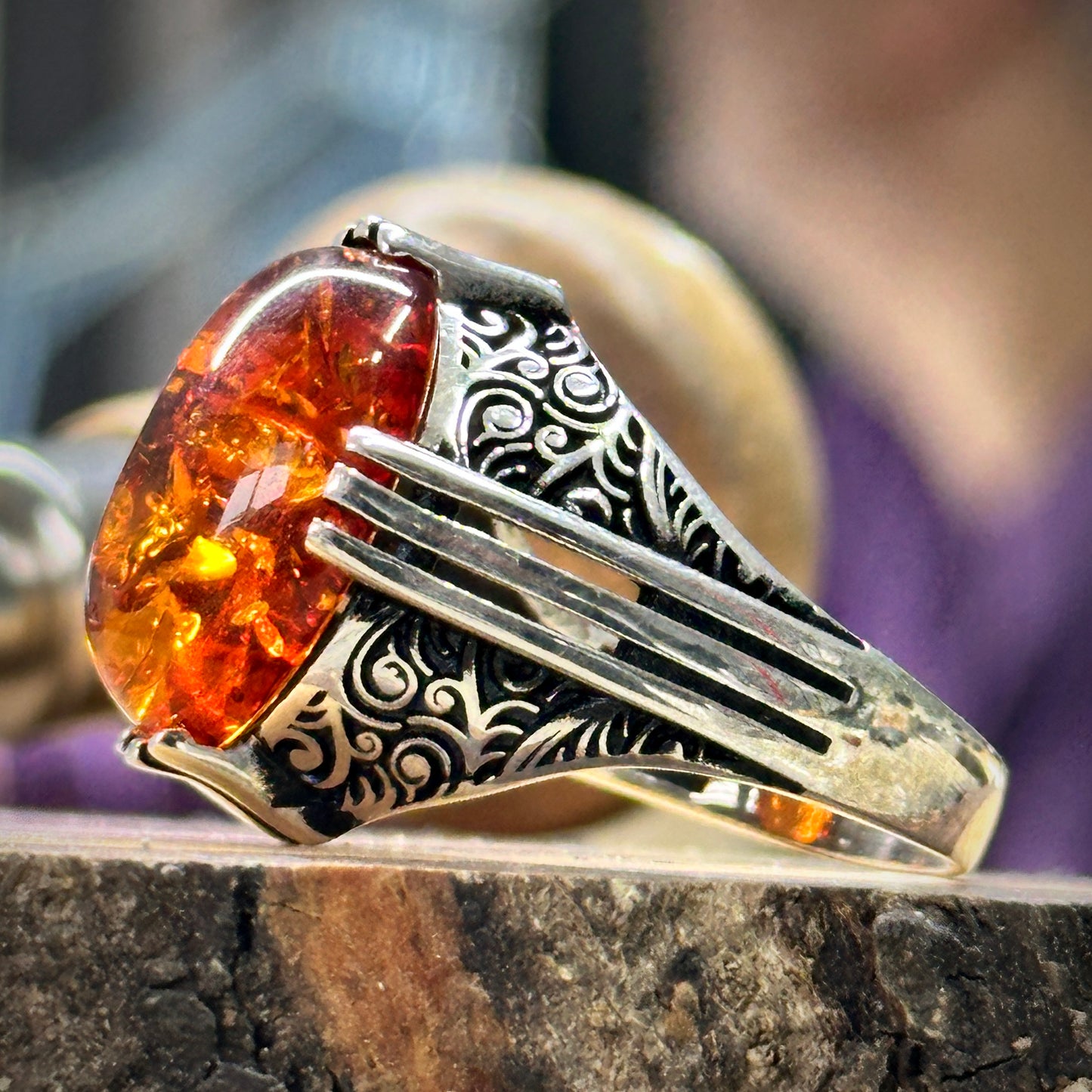 Men Handmade Ottoman Style Natural Amber Gemstone Ring