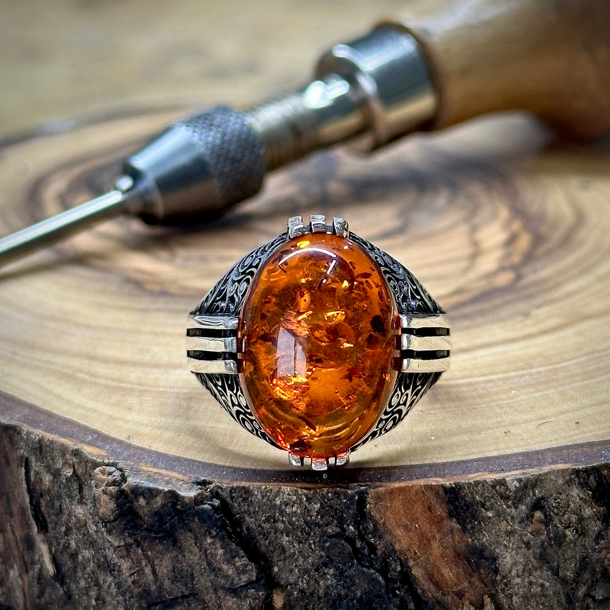 Anillo de piedra preciosa de ámbar natural estilo otomano hecho a mano para hombre