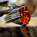 Anillo de piedra preciosa de ámbar natural estilo otomano hecho a mano para hombre