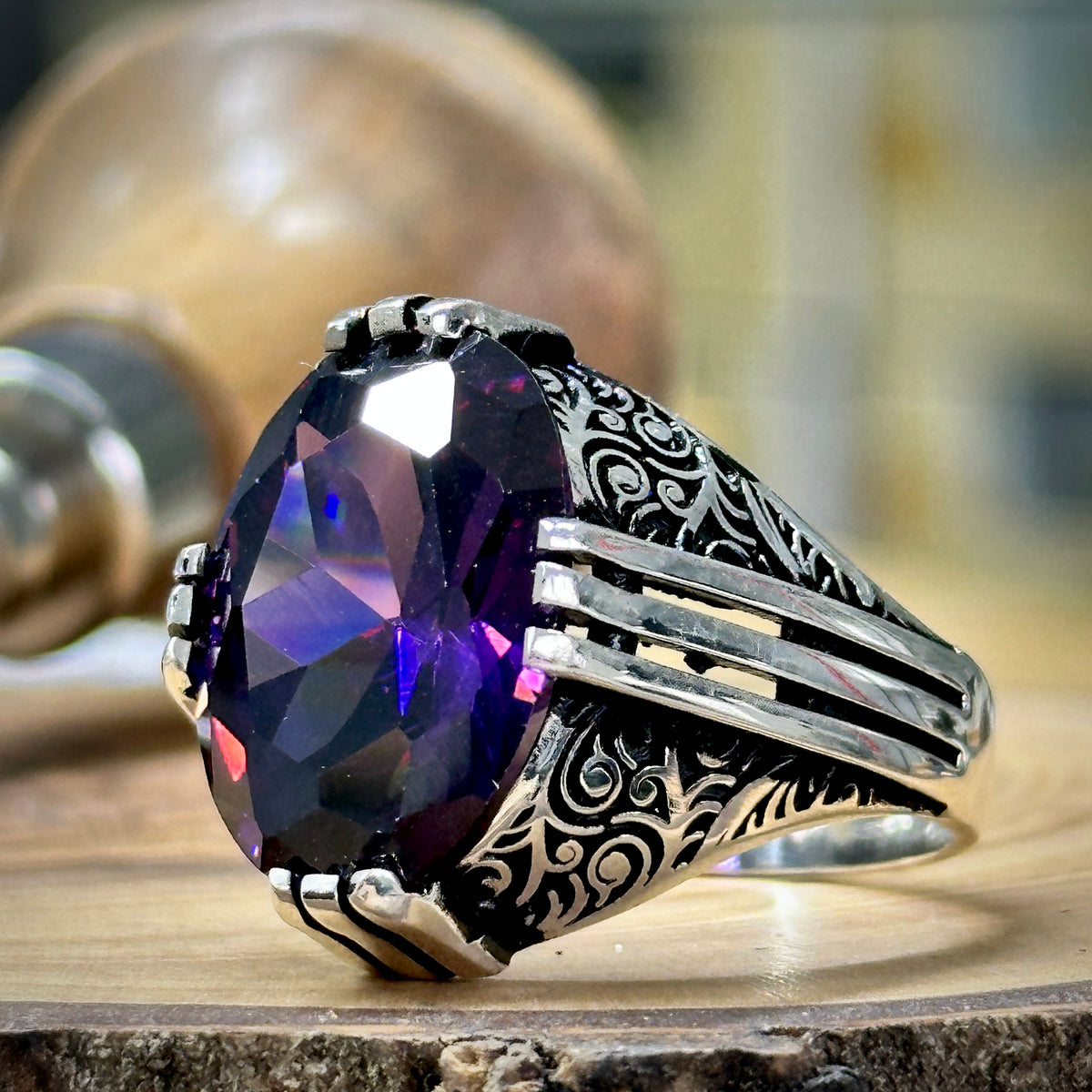 Silver Handmade Ottoman Style Amethyst Men Ring