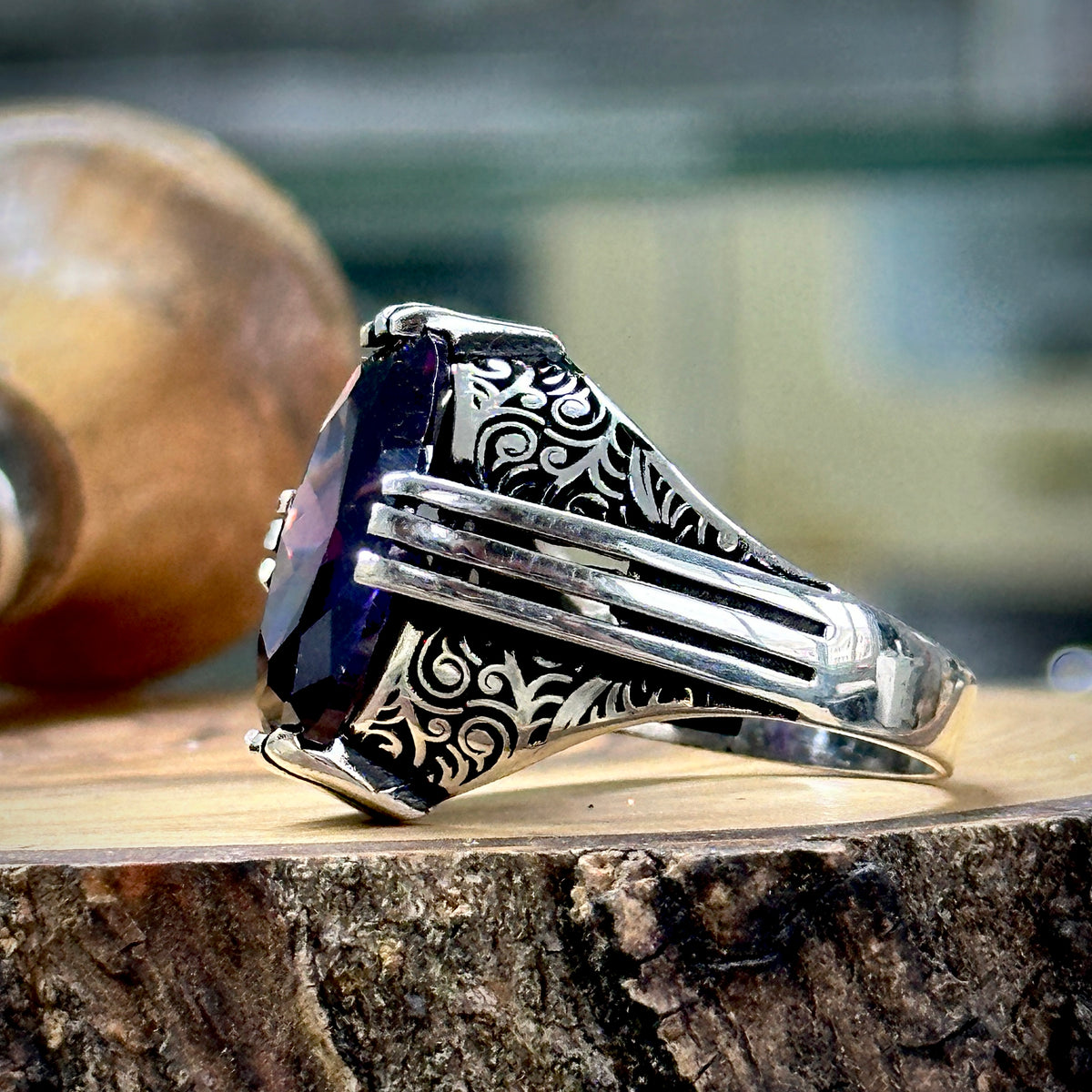 Silver Handmade Ottoman Style Amethyst Men Ring