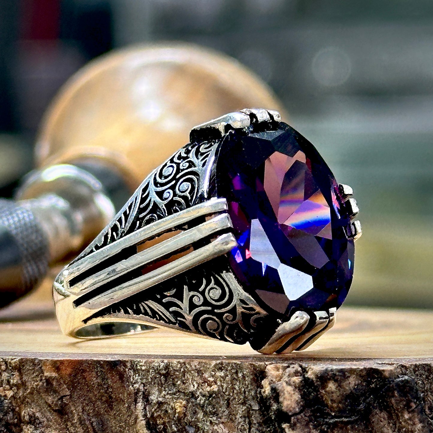 Silver Handmade Ottoman Style Amethyst Men Ring