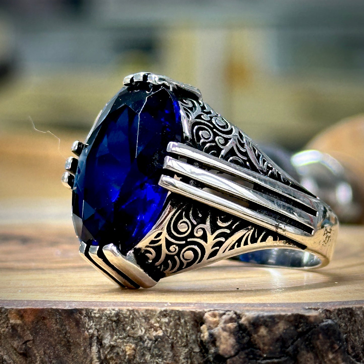Men Handmade Silver Ottoman Style Sapphire Ring