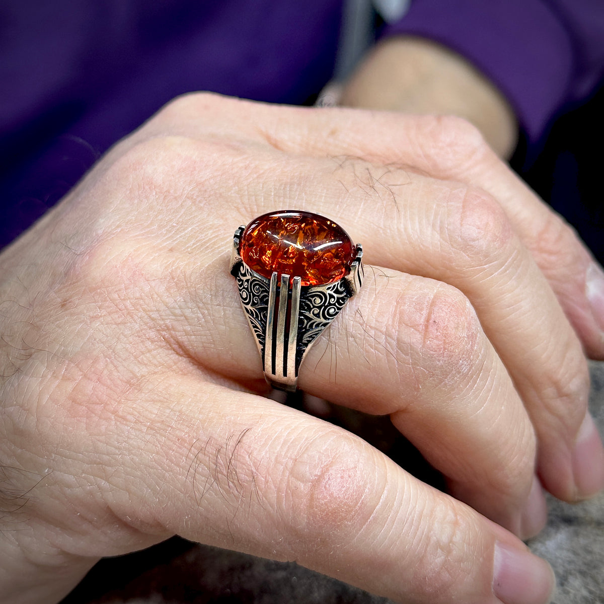 Anillo de piedra preciosa de ámbar natural estilo otomano hecho a mano para hombre