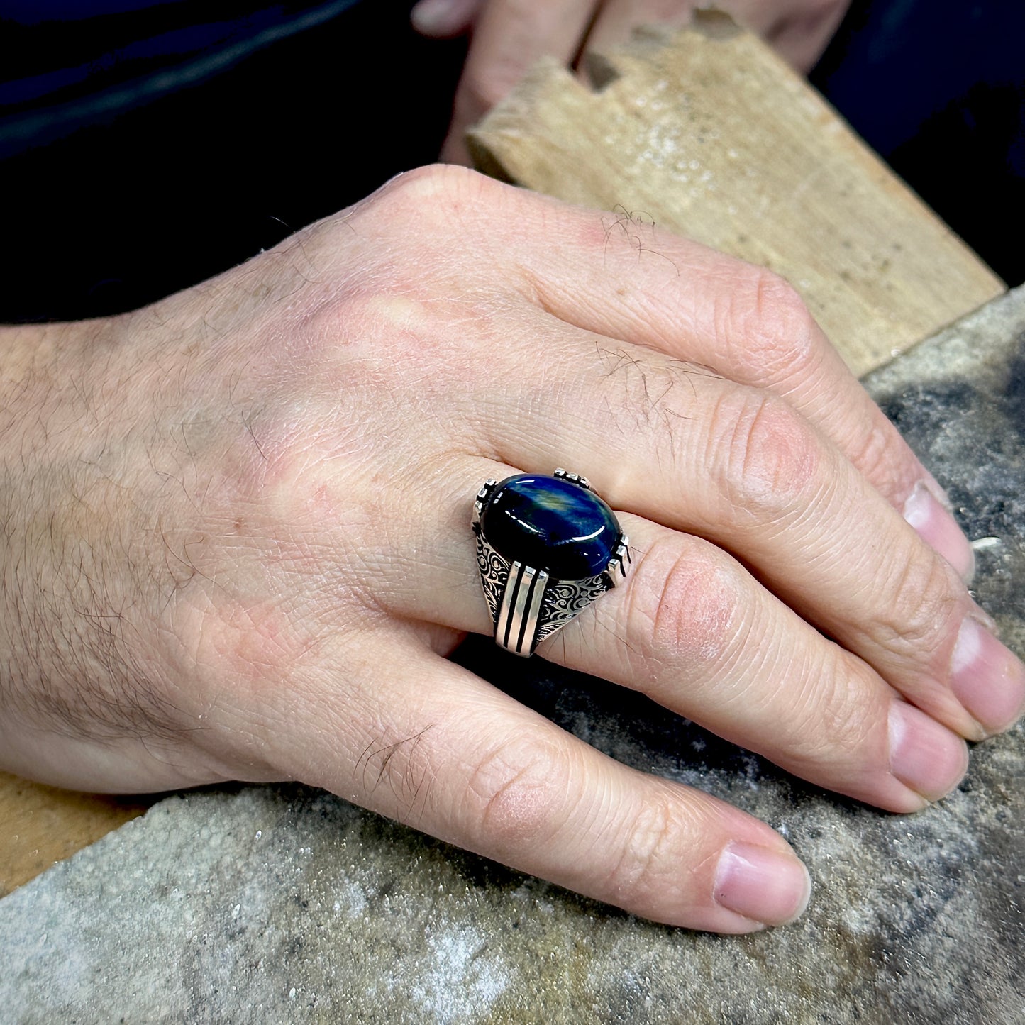Men Handmade Ottoman Style Natural Blue Tiger Eye Men Ring