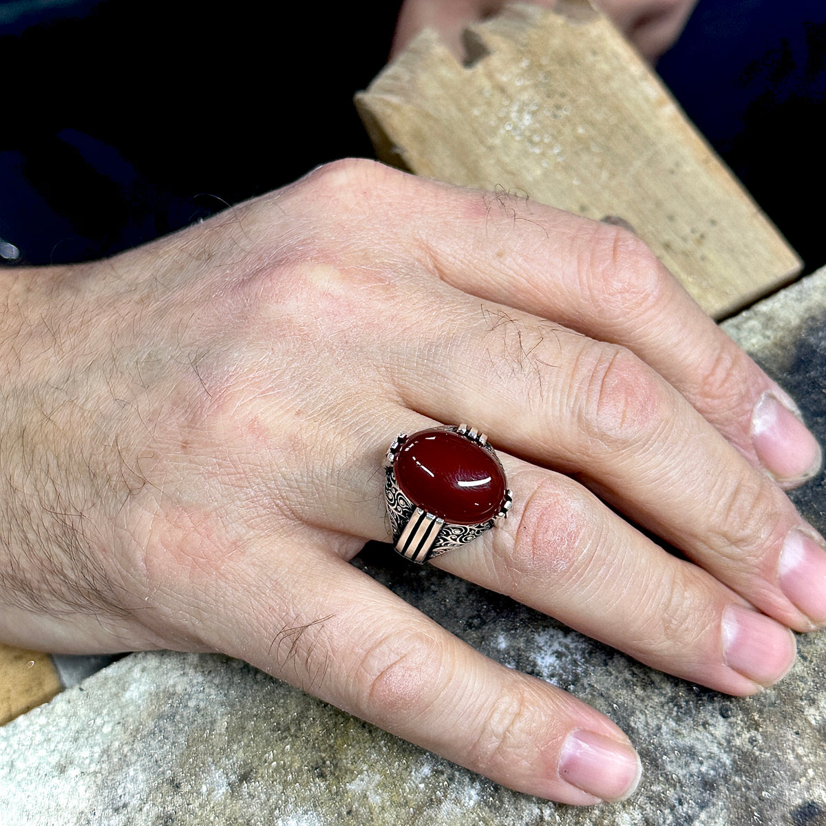 Men Silver Handmade Natural Red Agate Stone Men Ring