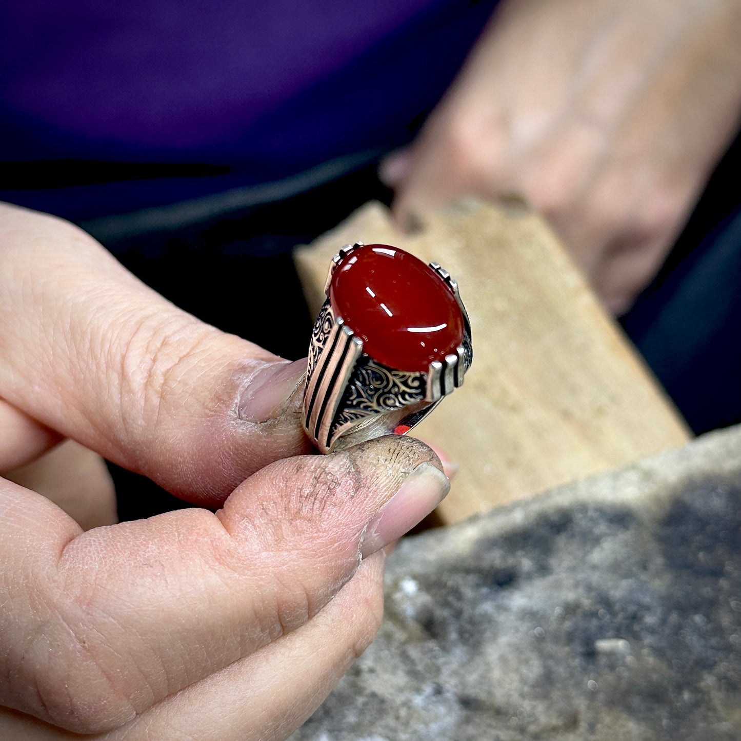 Men Silver Handmade Natural Red Agate Stone Men Ring