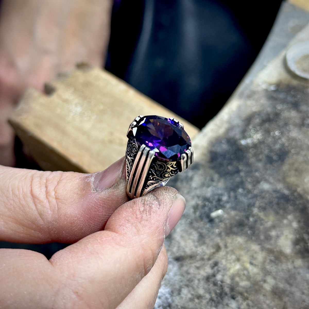 Silver Handmade Ottoman Style Amethyst Men Ring