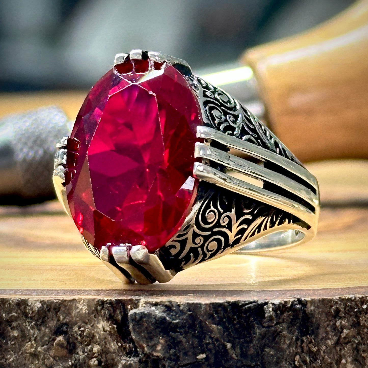 Ruby Stone Ottoman Style Men Handmade Ring