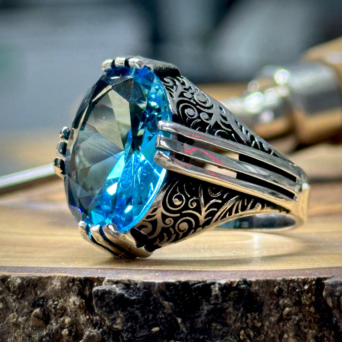 Men Handmade Ottoman Style Oval Aquamarine Stone Silver Ring