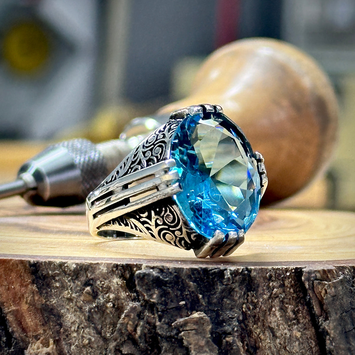 Men Handmade Ottoman Style Oval Aquamarine Stone Silver Ring