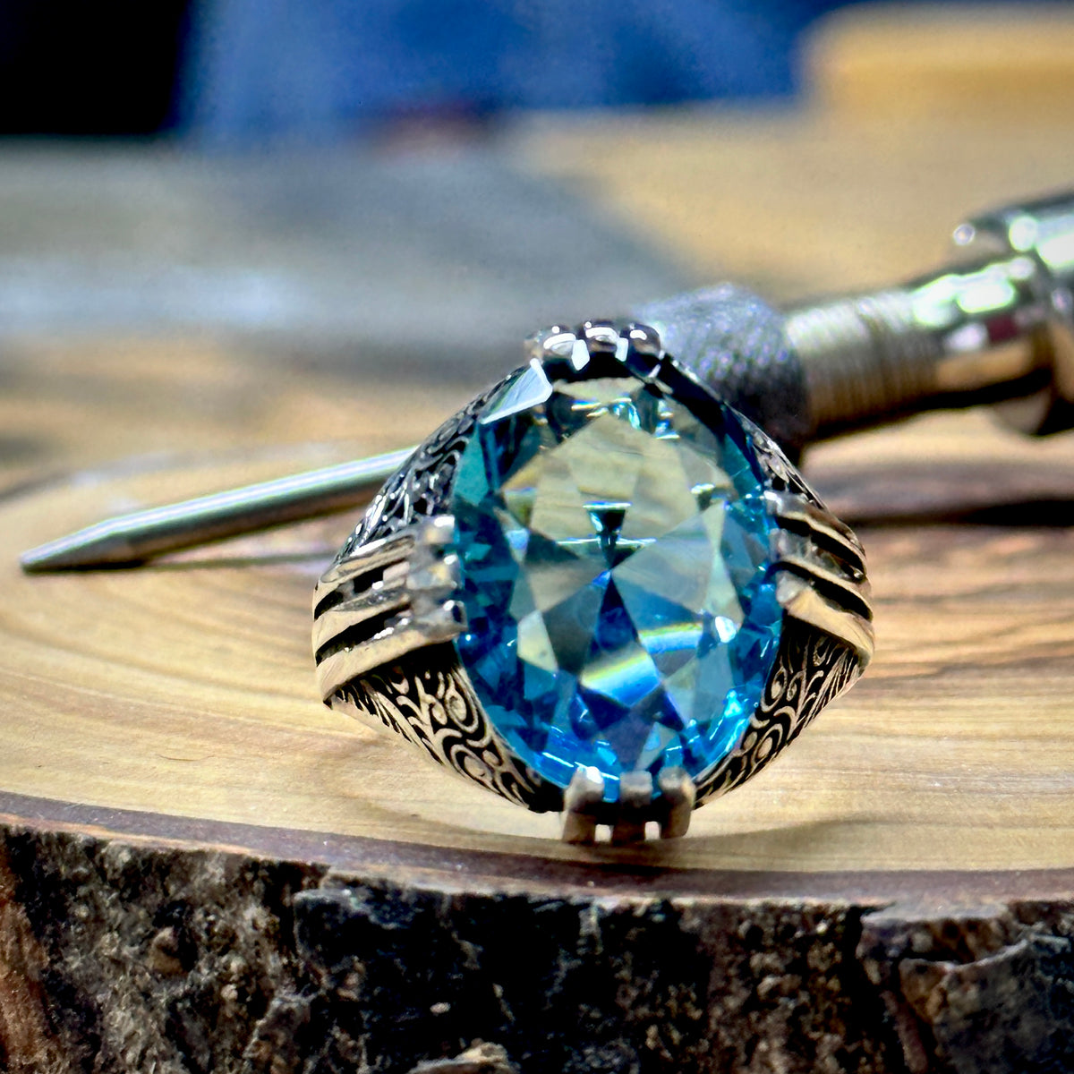 Men Handmade Ottoman Style Oval Aquamarine Stone Silver Ring