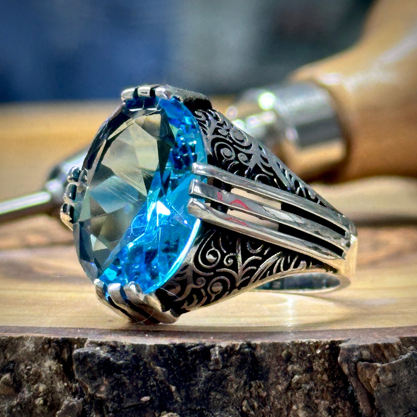Men Handmade Ottoman Style Oval Aquamarine Stone Silver Ring