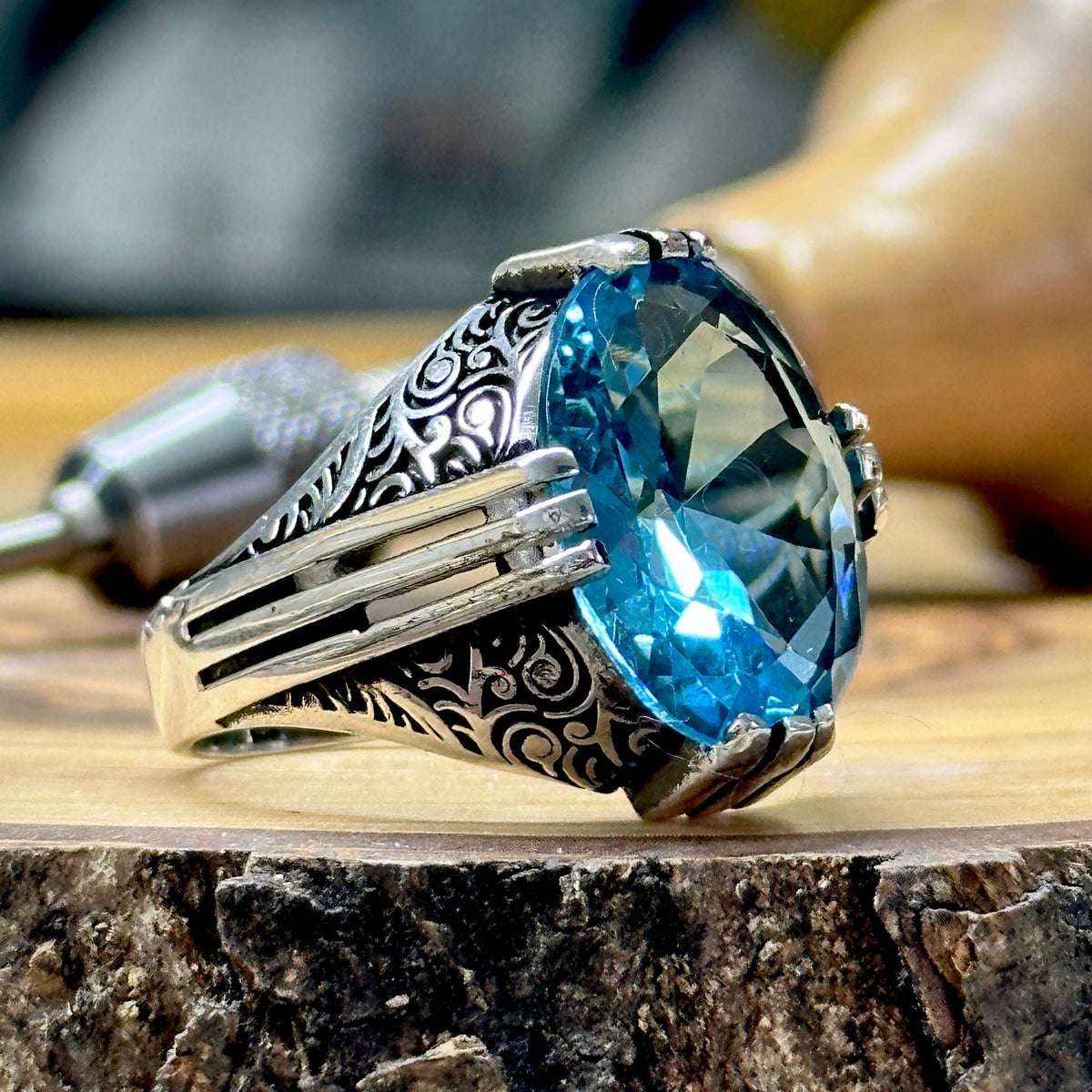 Men Handmade Ottoman Style Oval Aquamarine Stone Silver Ring