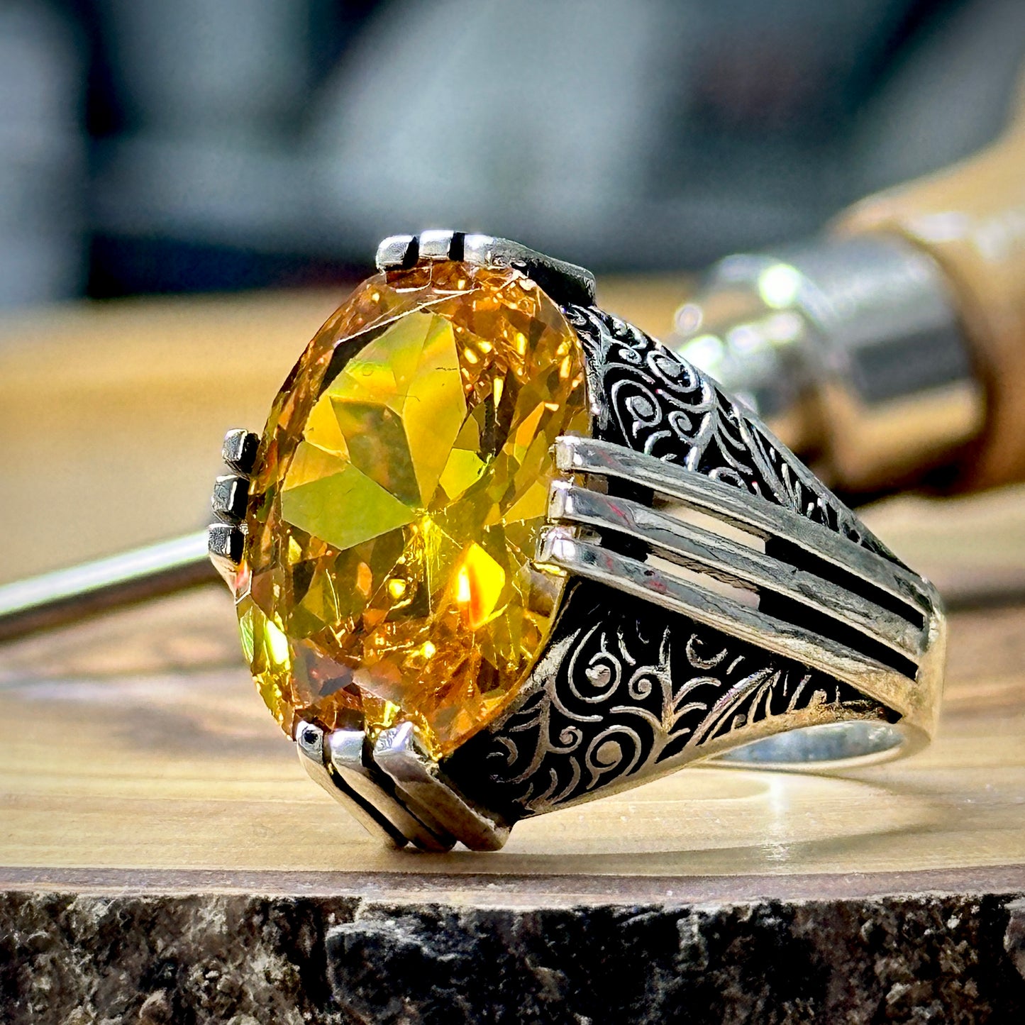 Silver Handmade Ottoman Style Yellow Citrine Stone Ring