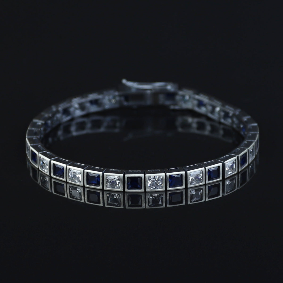 925 Silver Sapphire Tennis Bracelet, Men Luxury Blue Sapphire Tennis Bracelet, Elegant Sapphire Tennis Bracelet, Square Cut Bracelet