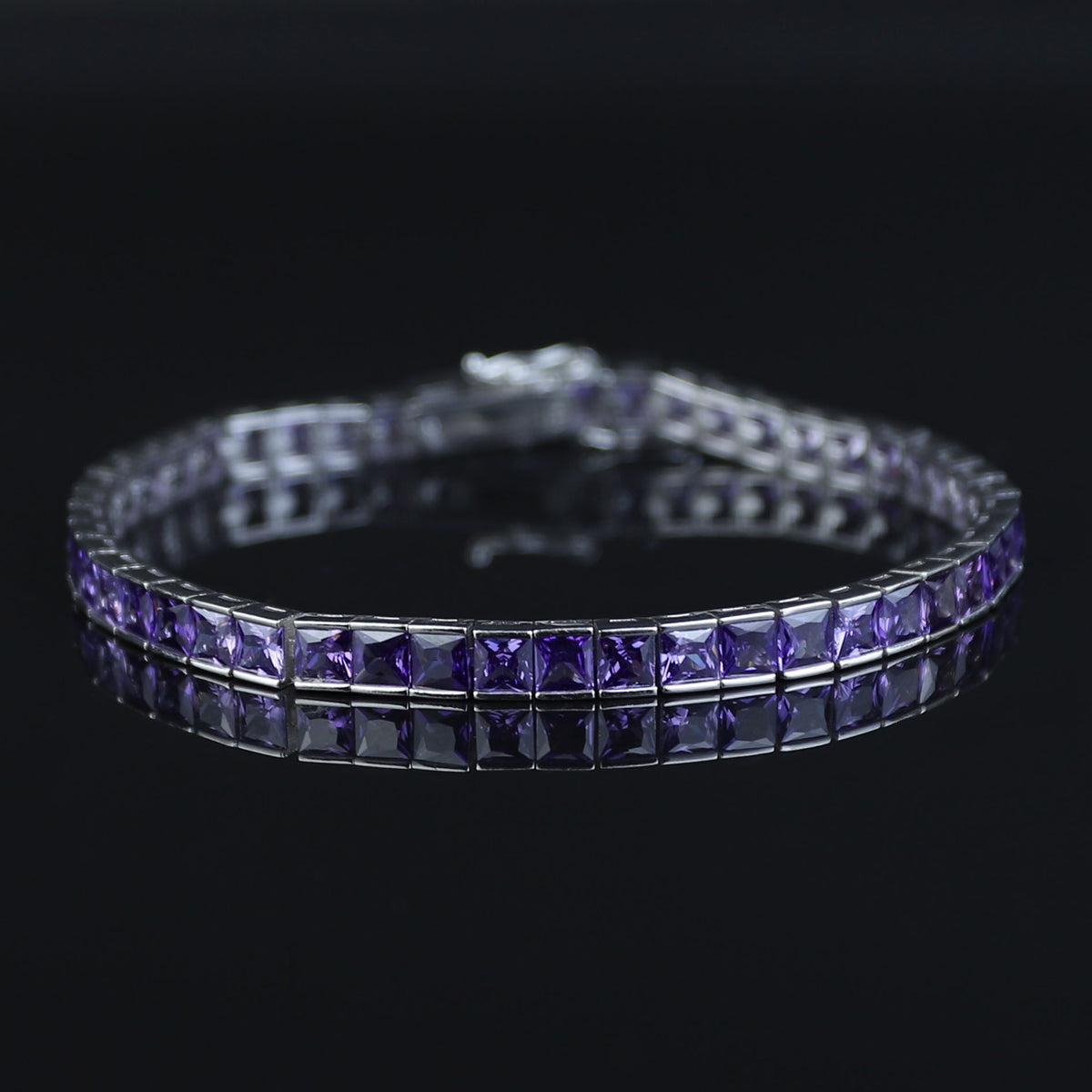 Silver Square Amethyst Tennis Bracelet, Silver Rhodium Tennis Bracelet, Men Luxury Tennis Chain, Purple Gemstone Tennis Bracelet