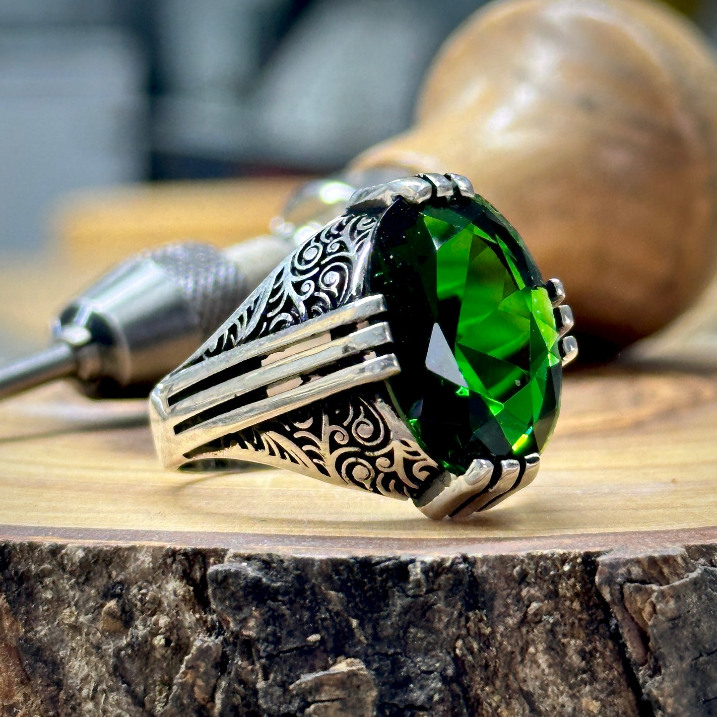 Men Handmade Ottoman Style Emerald Stone Men Ring