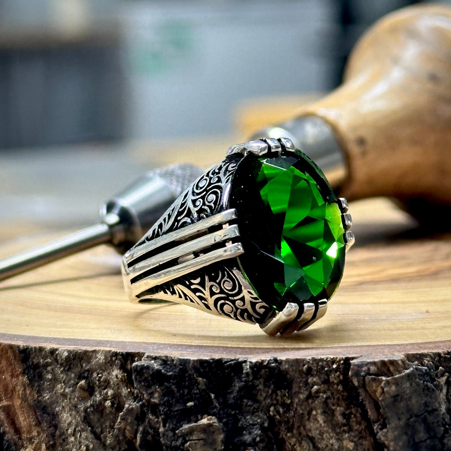 Men Handmade Ottoman Style Emerald Stone Men Ring