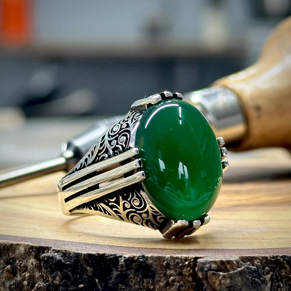Men Handmade Ottoman Style Green Agate Stone Ring