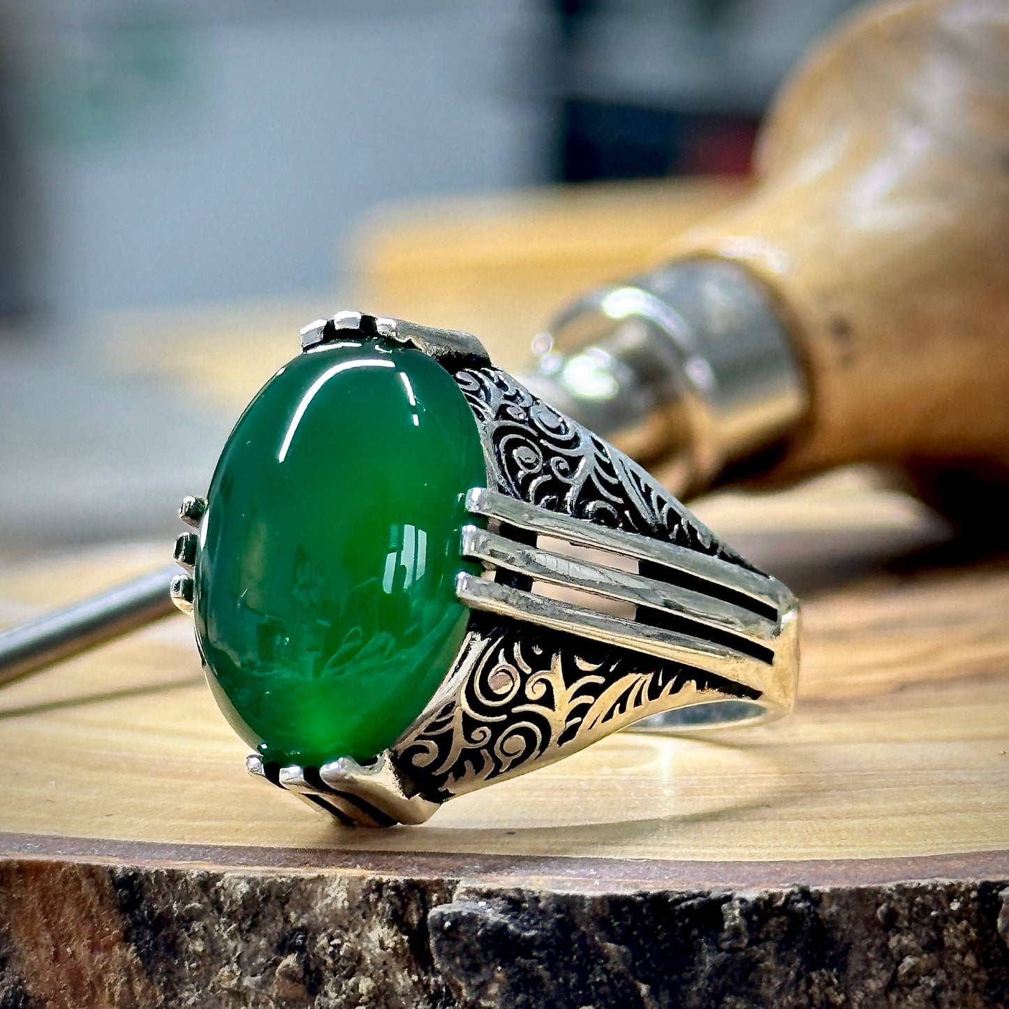 Men Handmade Ottoman Style Green Agate Stone Ring
