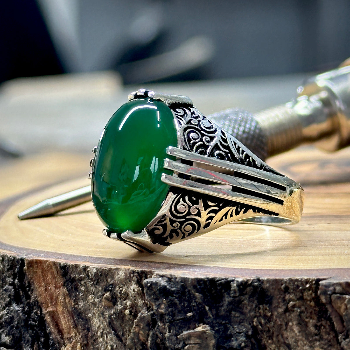 Men Handmade Ottoman Style Green Agate Stone Ring