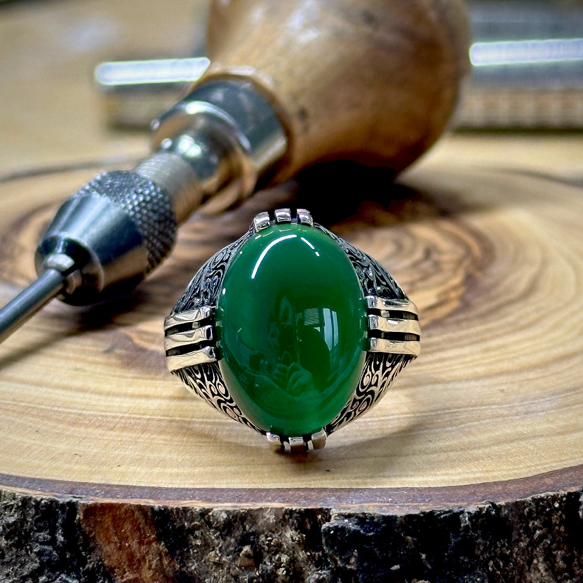Men Handmade Ottoman Style Green Agate Stone Ring