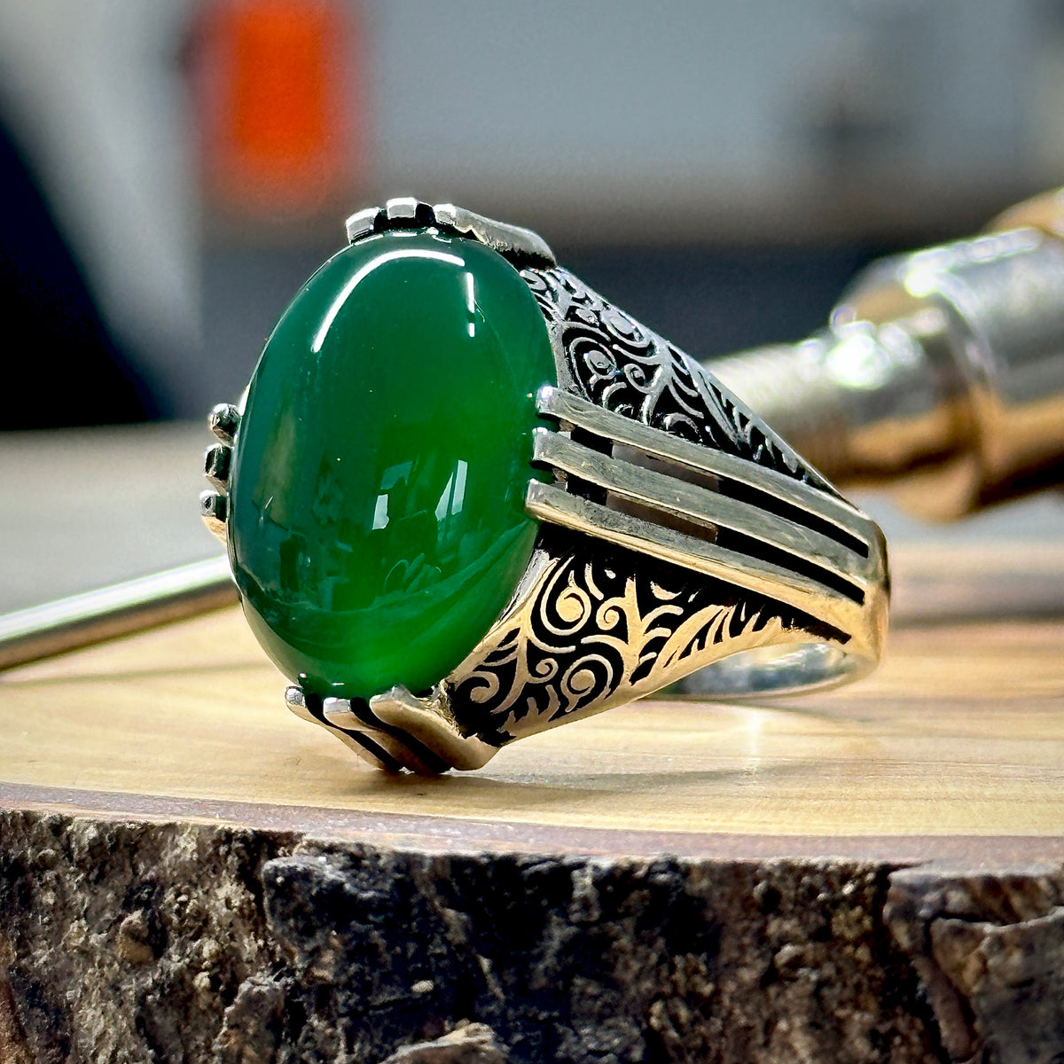 Men Handmade Ottoman Style Green Agate Stone Ring