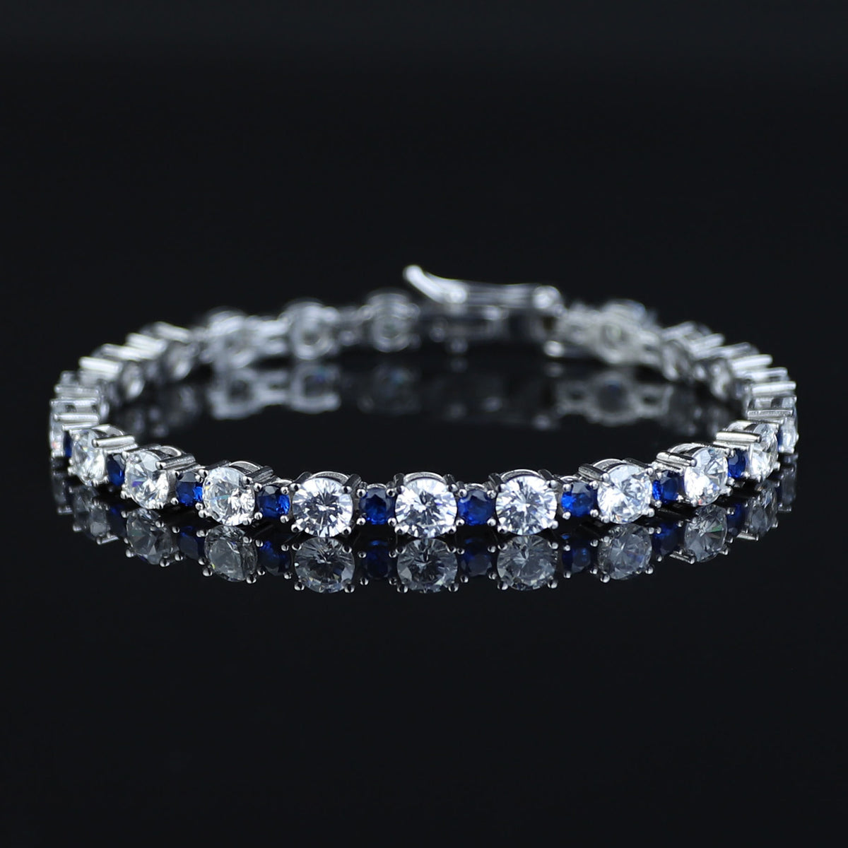 Silver Round Sapphire Bracelet, Men Luxury Blue Sapphire Bracelet, Elegant Sapphire Tennis Bracelet, Unisex Tennis Chain