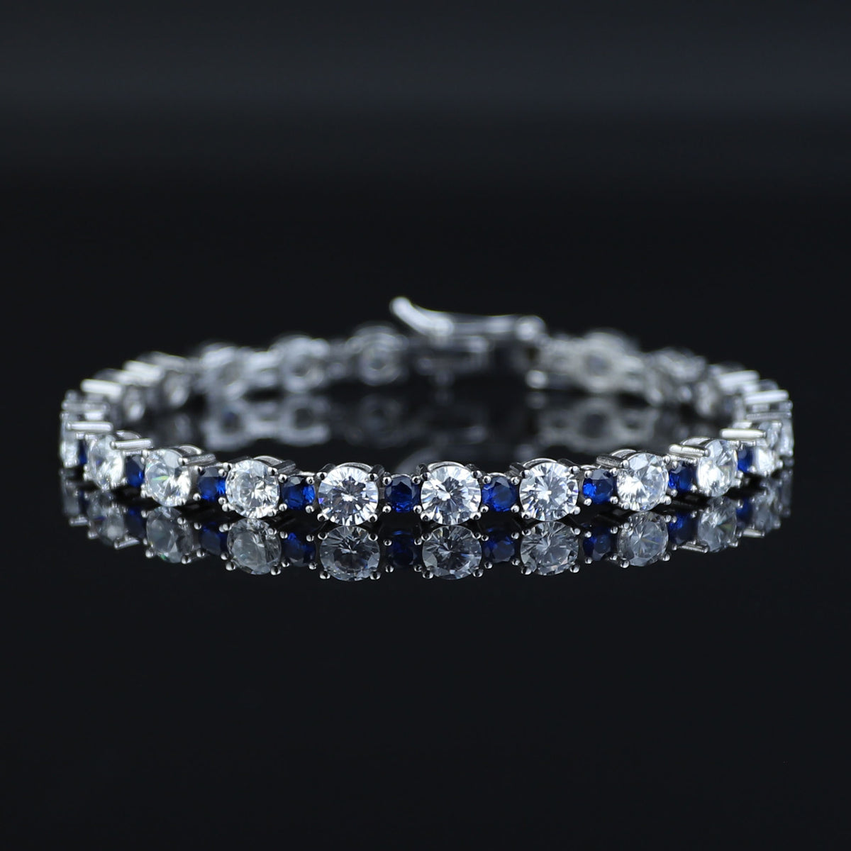Silver Round Sapphire Bracelet, Men Luxury Blue Sapphire Bracelet, Elegant Sapphire Tennis Bracelet, Unisex Tennis Chain