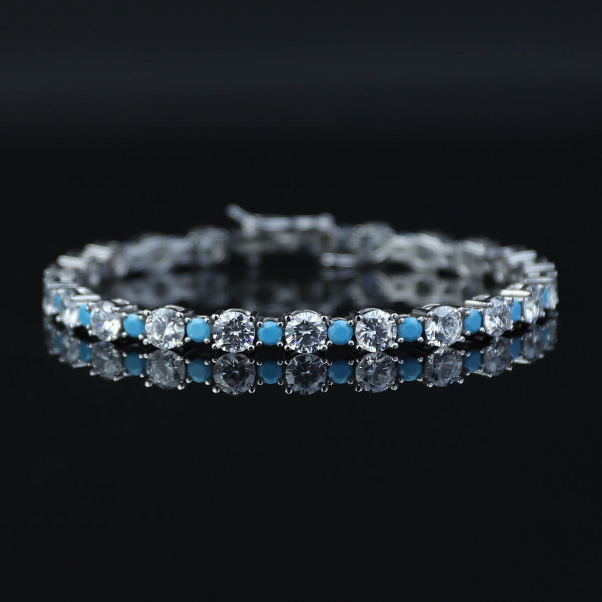 925 Silver Turquoise Tennis Bracelet, Men Round Turquoise Gemstone Bracelet, Diamond Turquoise Tennis Bracelet