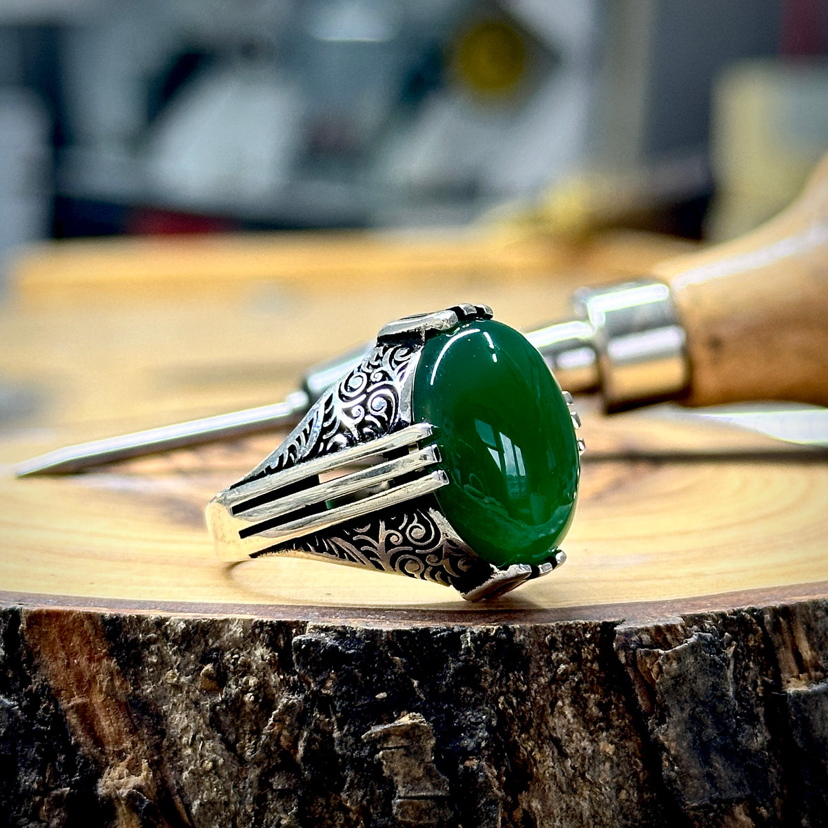 Men Handmade Ottoman Style Green Agate Stone Ring