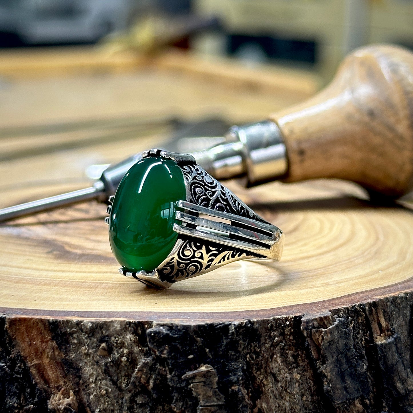 Men Handmade Ottoman Style Green Agate Stone Ring