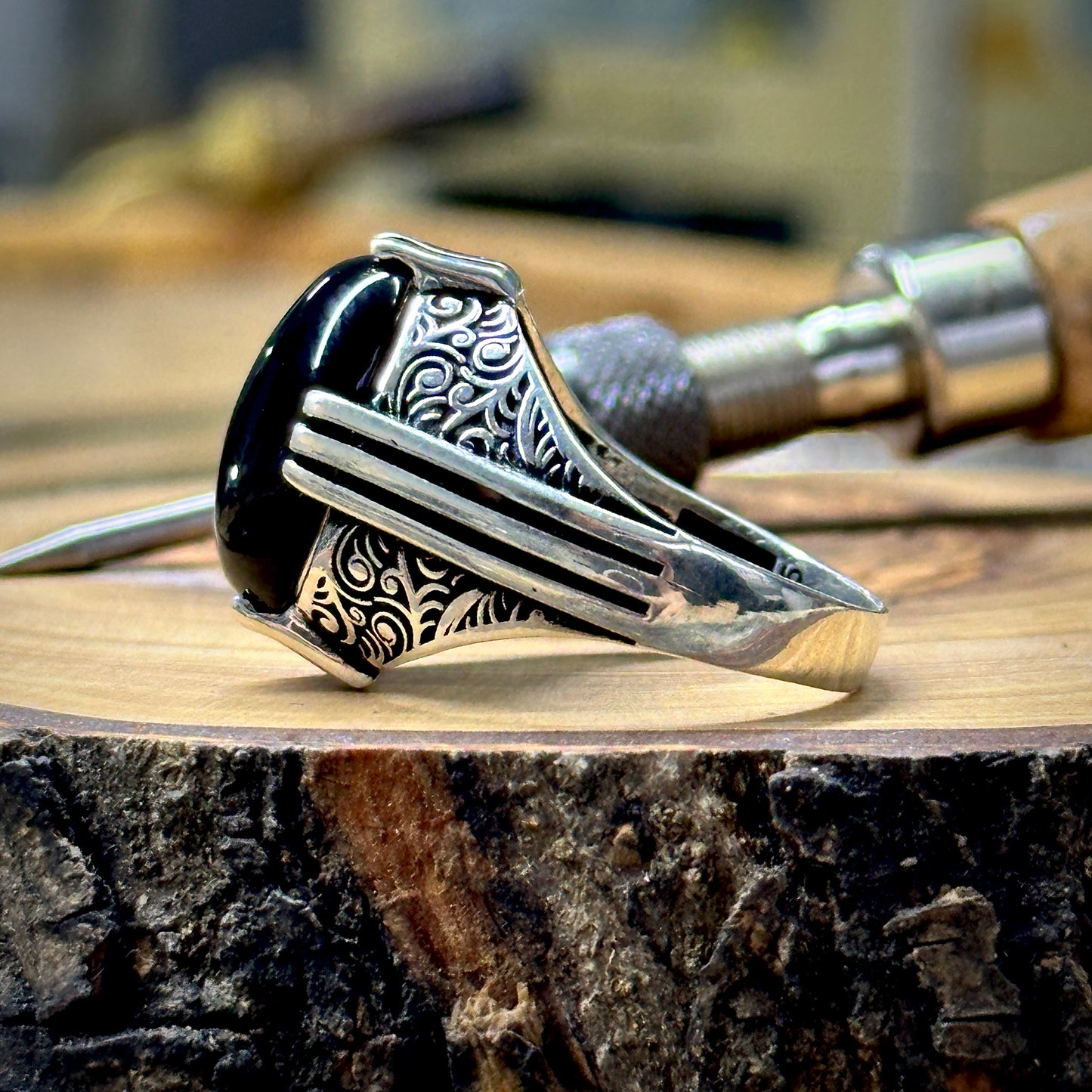 Men Silver Handmade Ottoman Style Black Onyx Ring