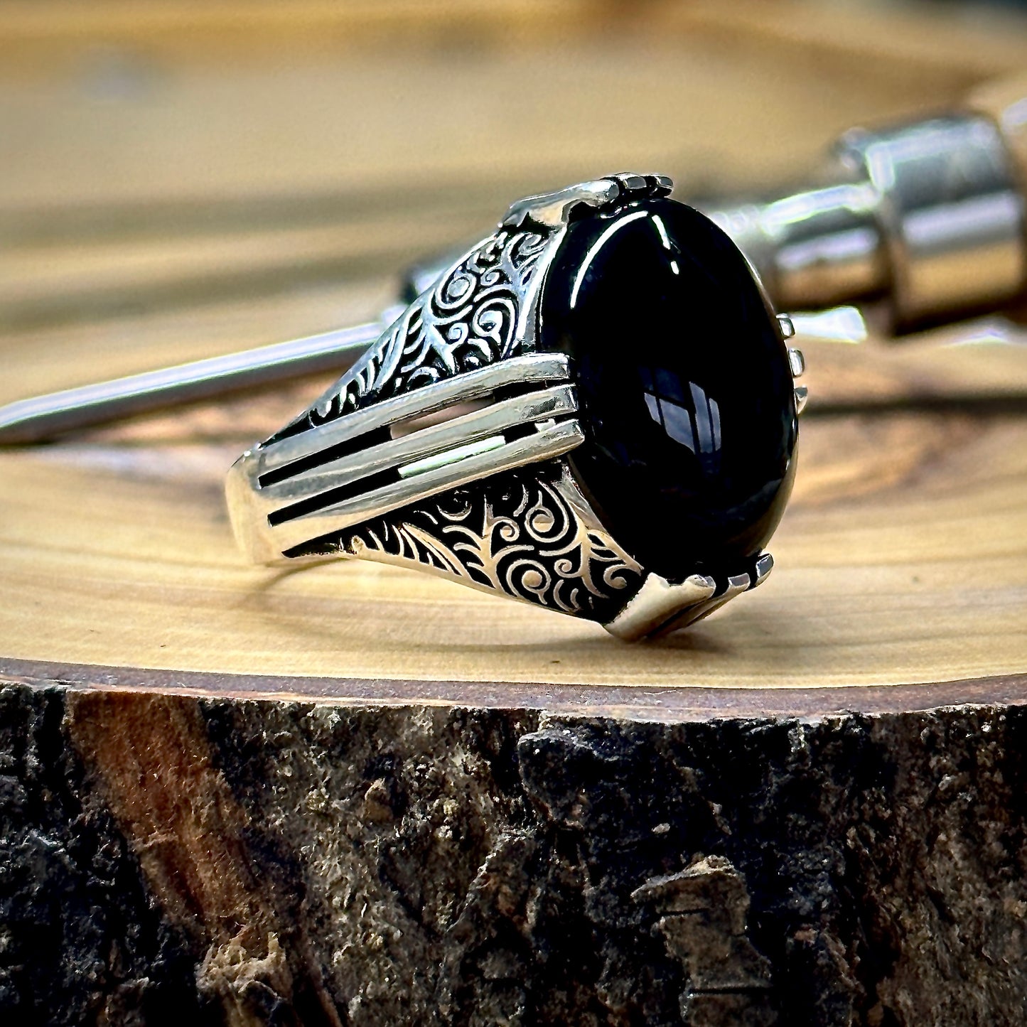 Men Silver Handmade Ottoman Style Black Onyx Ring