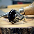 Silberner handgefertigter Ring aus schwarzem Onyx im osmanischen Stil für Männer