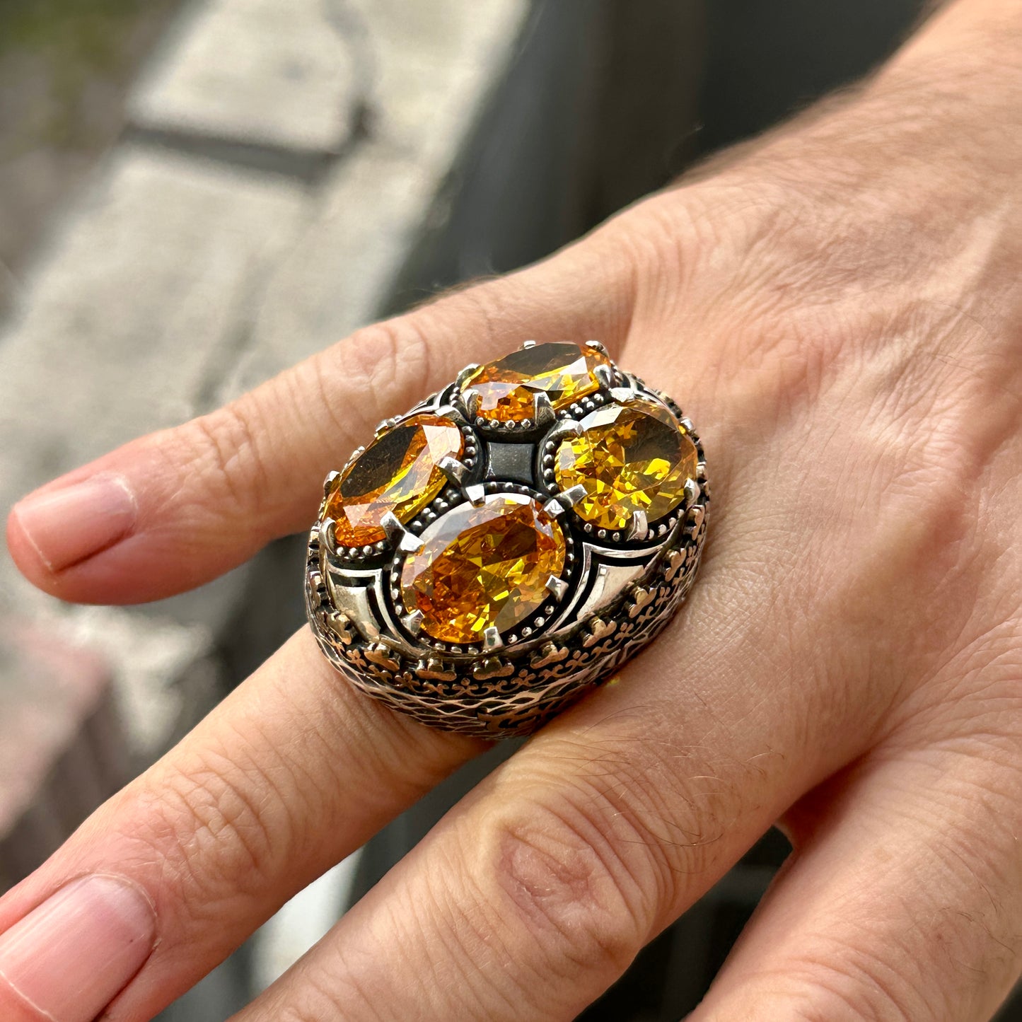 925 Silver Men Large Ottoman Style Yellow Citrine Ring