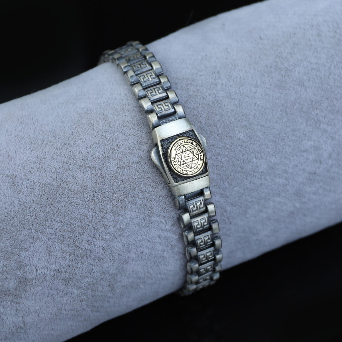 925 Silver Watch Band Chain Bracelet, Greek Style Solomon Signet Bracelet, Oxide Silver Bracelet, Gourmet Cuban Link Silver Bracelet