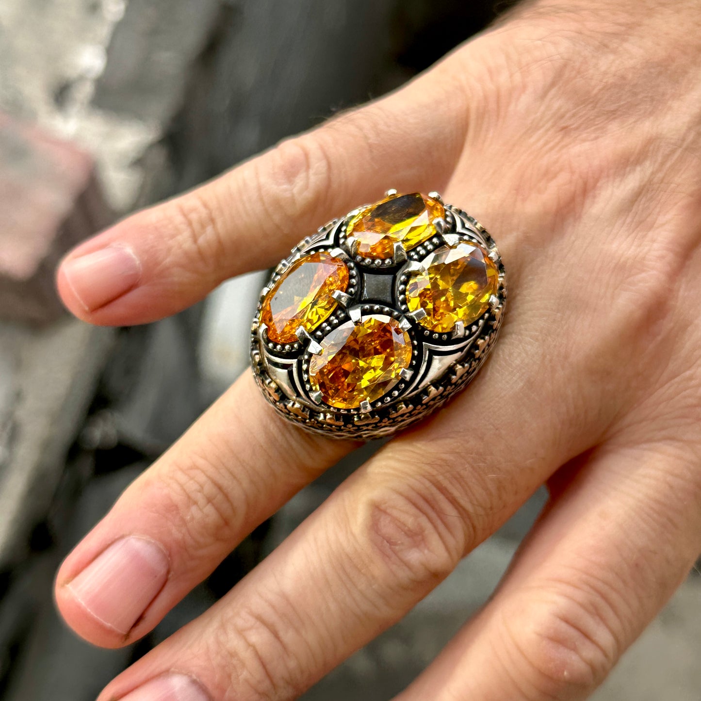 925 Silver Men Large Ottoman Style Yellow Citrine Ring