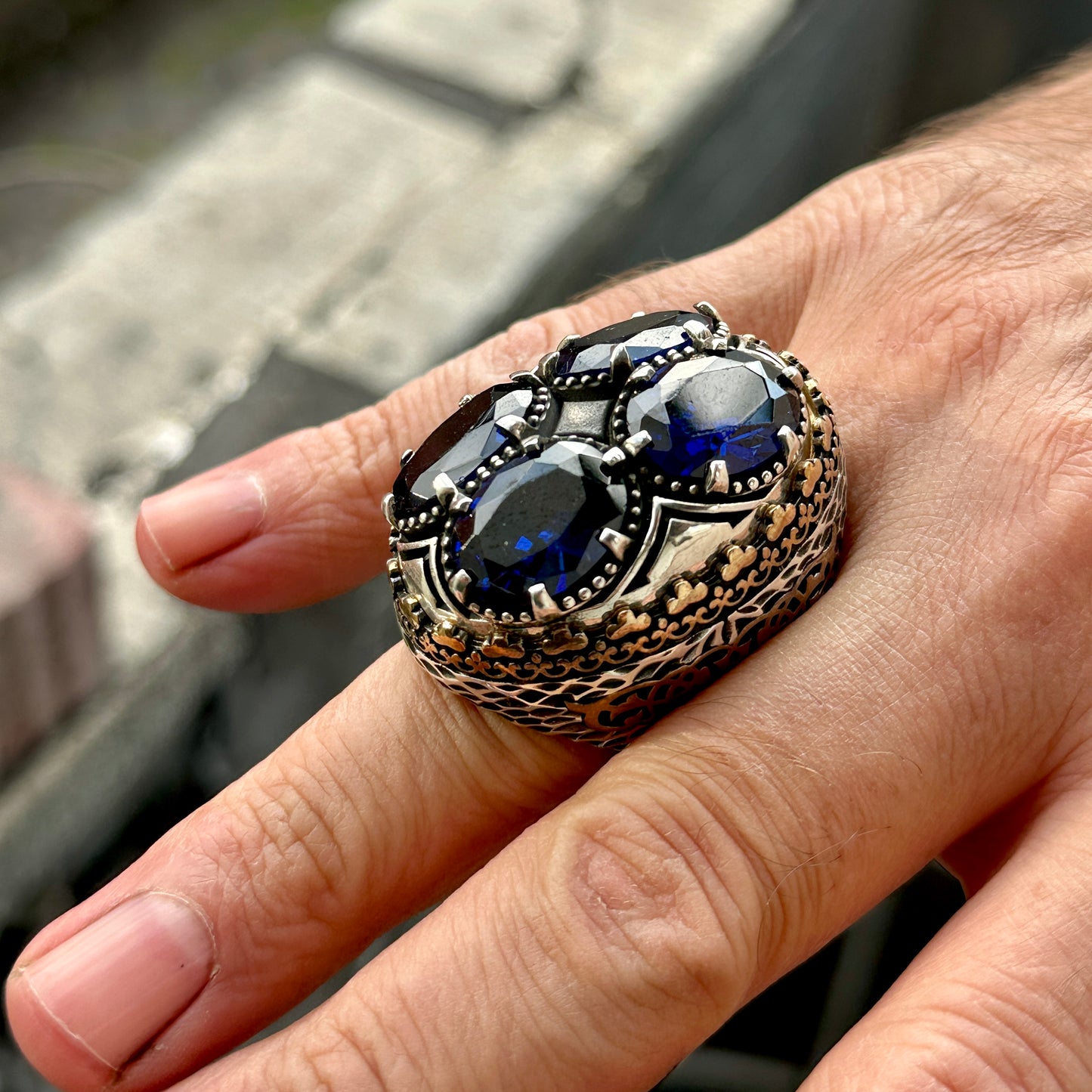 925 Men Silver Sapphire Gemstone Large Men Ring