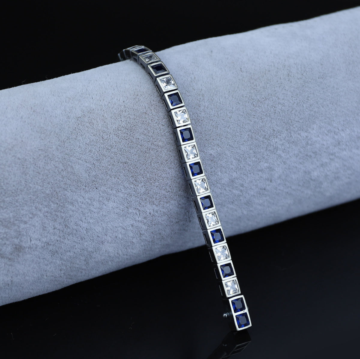 925 Silver Sapphire Tennis Bracelet, Men Luxury Blue Sapphire Tennis Bracelet, Elegant Sapphire Tennis Bracelet, Square Cut Bracelet