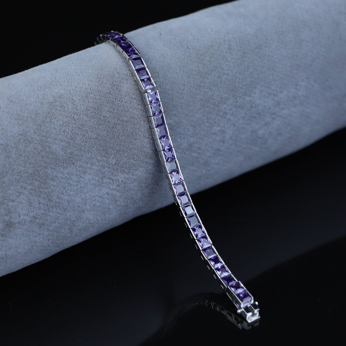 Silver Square Amethyst Tennis Bracelet, Silver Rhodium Tennis Bracelet, Men Luxury Tennis Chain, Purple Gemstone Tennis Bracelet