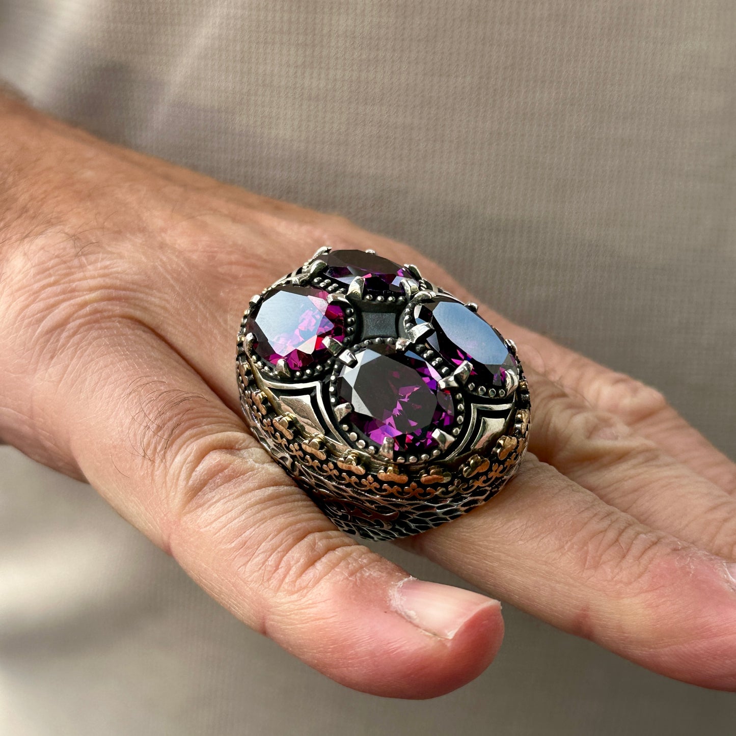 Men Silver Large Ottoman Style Amethyst Gemstone Men Ring