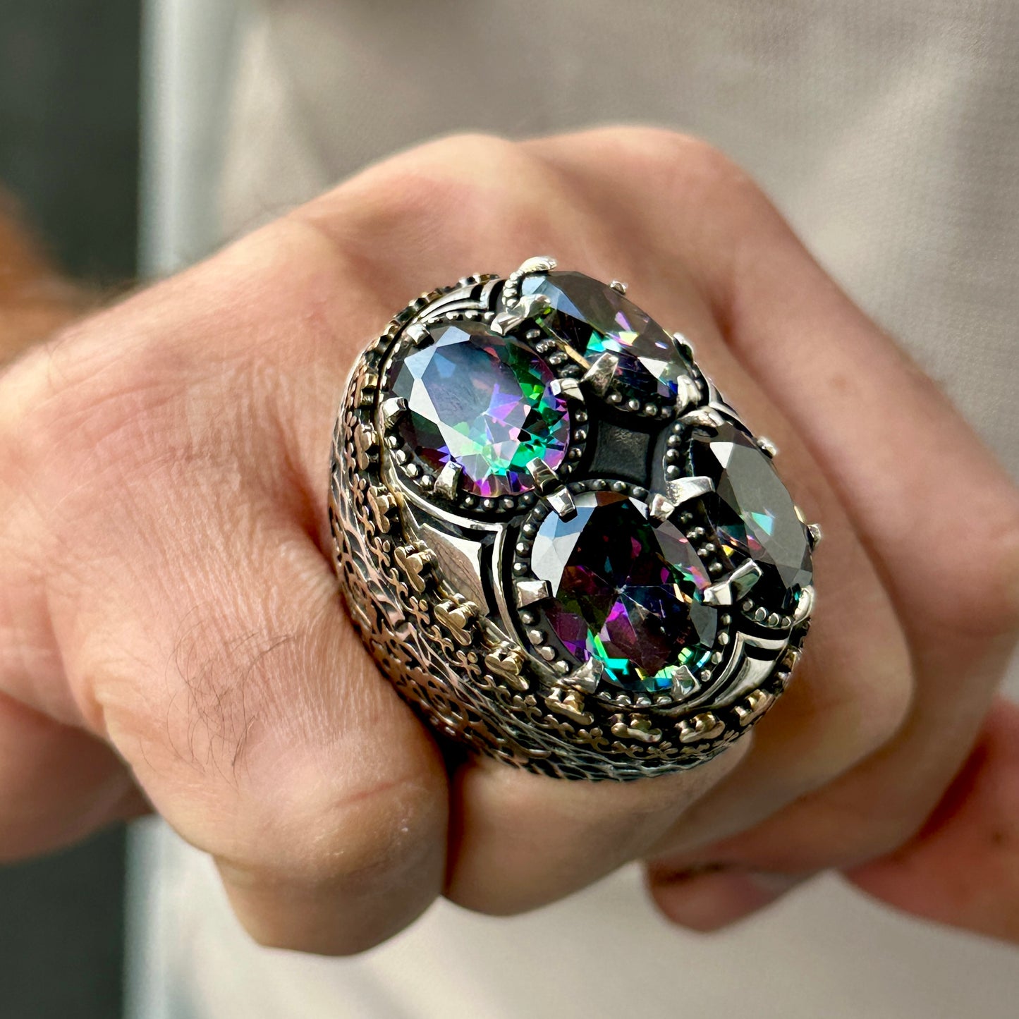 Men Silver Large Mystic Topaz Gemstone Ottoman Style Ring